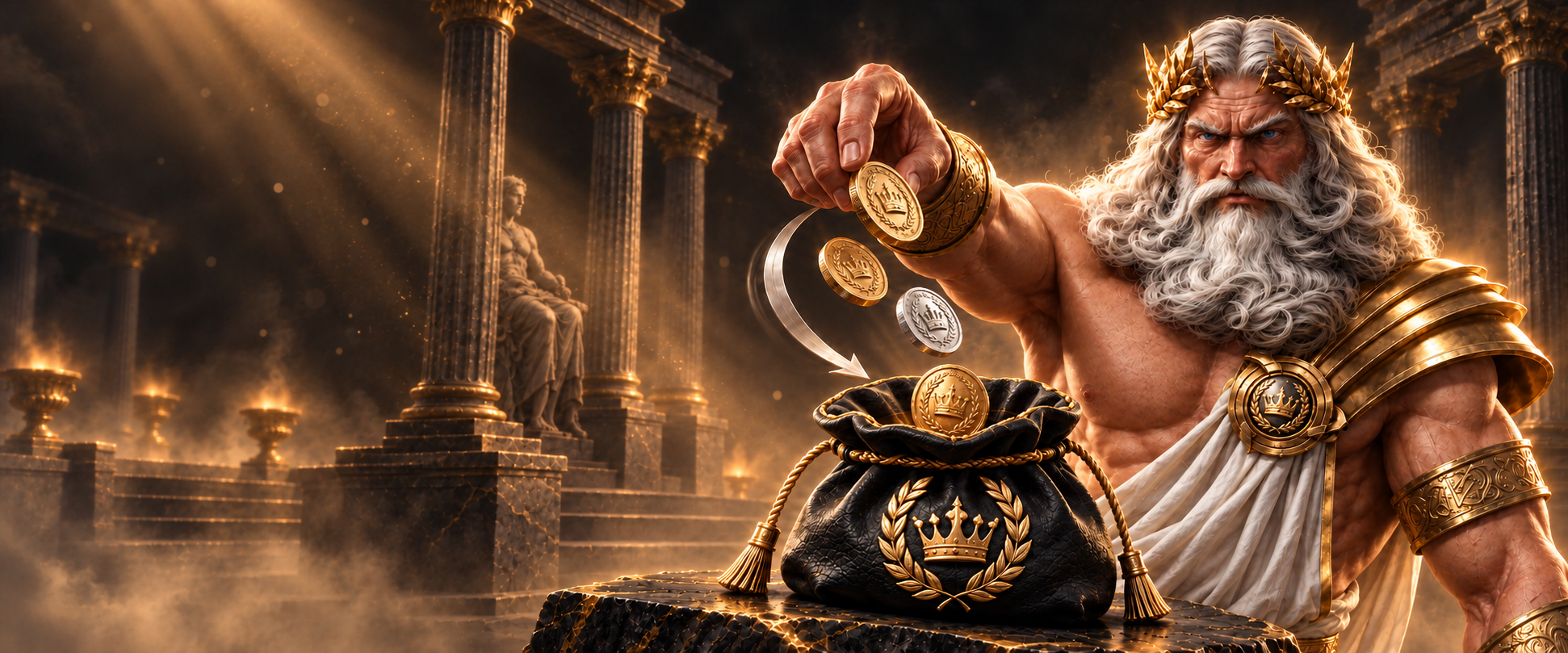 Cashback artwork with Zeus and coins