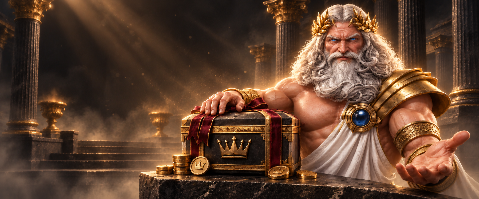 Welcome bonus artwork with Zeus and a gift chest