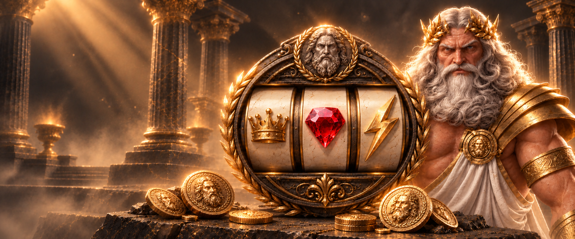 Free spins artwork with Zeus and royal slot reels
